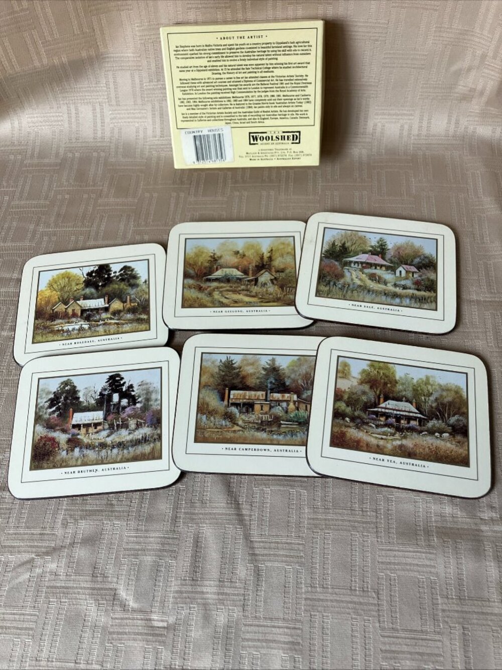 Vintage set of 6 cork-backed coasters Australian brand "The Woolshed" Cottages
